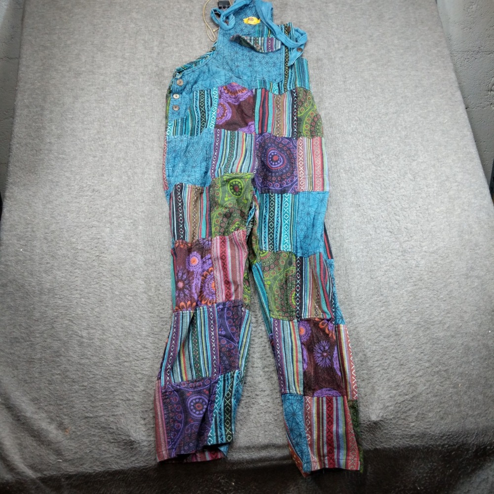 Himalaya Handmade Patchwork Overalls Womens L/XL Blue Multi Boho Cotton Indie